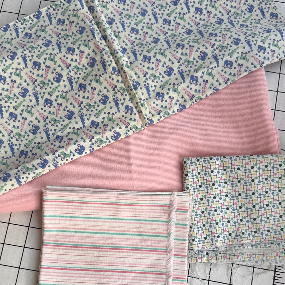 Vintage Baby Fabric Lot – Soft Peach Pinwale Corduroy, Toy Train Border Print
